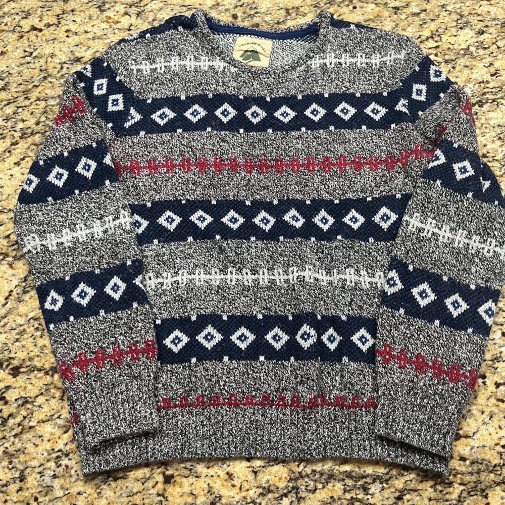 O'Hanlon Mills Mens L Fair Isle Geometric Knit Crewneck Sweater Grey Navy Red